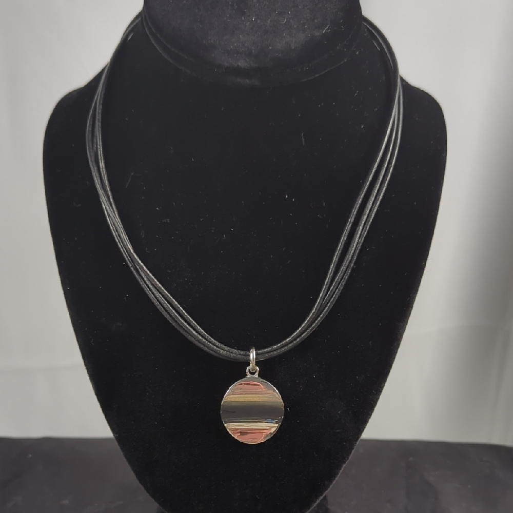 Multi-Strand Black Cord Necklace with Striped Round Pendant - Picture 1 of 1